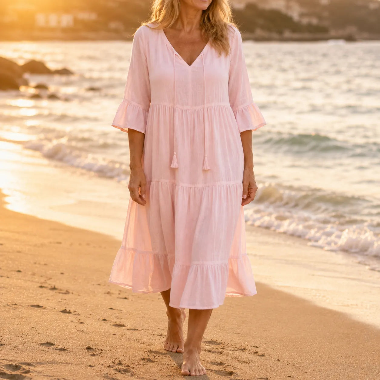 Flowy Tiered V-Neck Midi Dress with Tassel Tie, Soft Feel, Half Sleeve