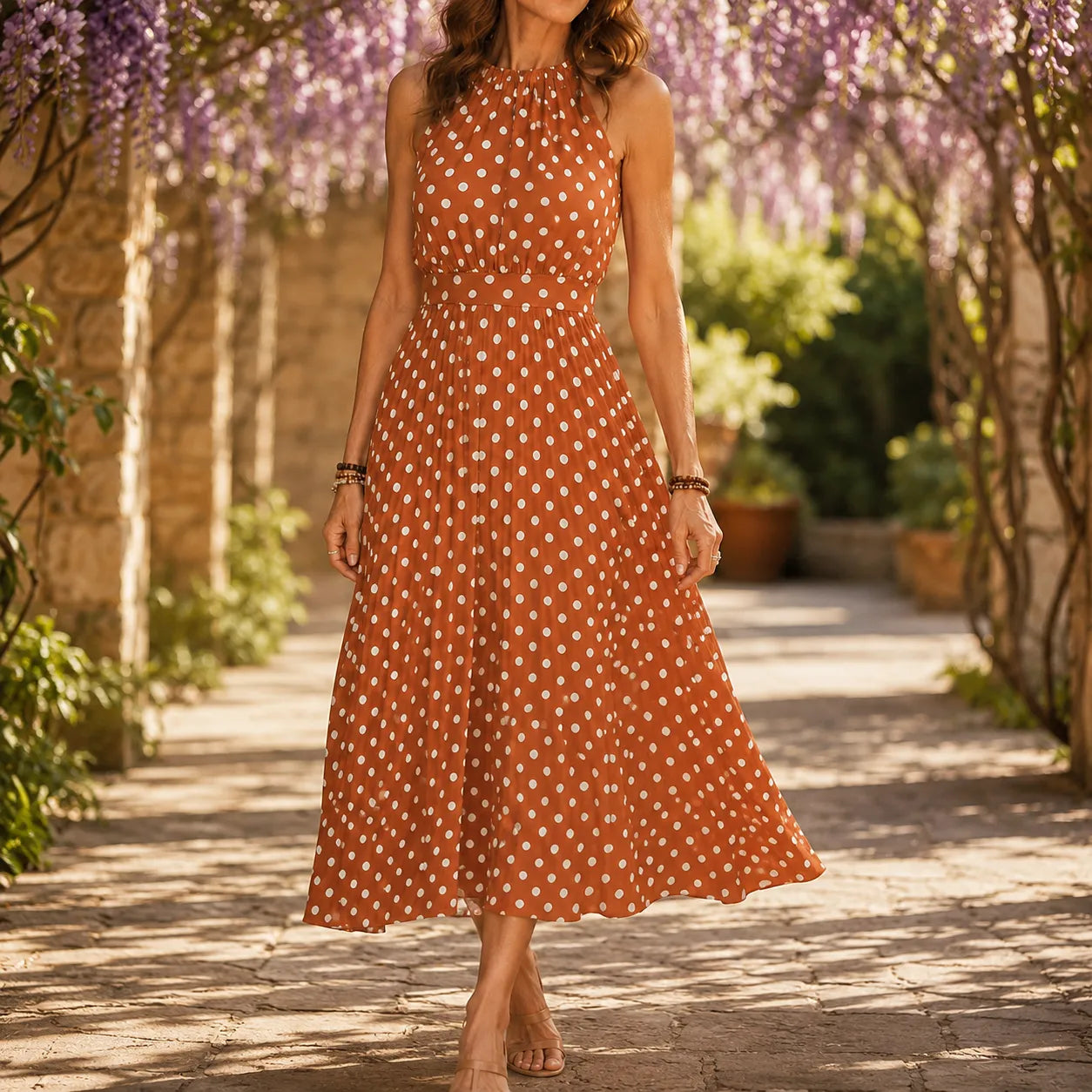 Pleated Polka Dot Halter Midi Dress for Women