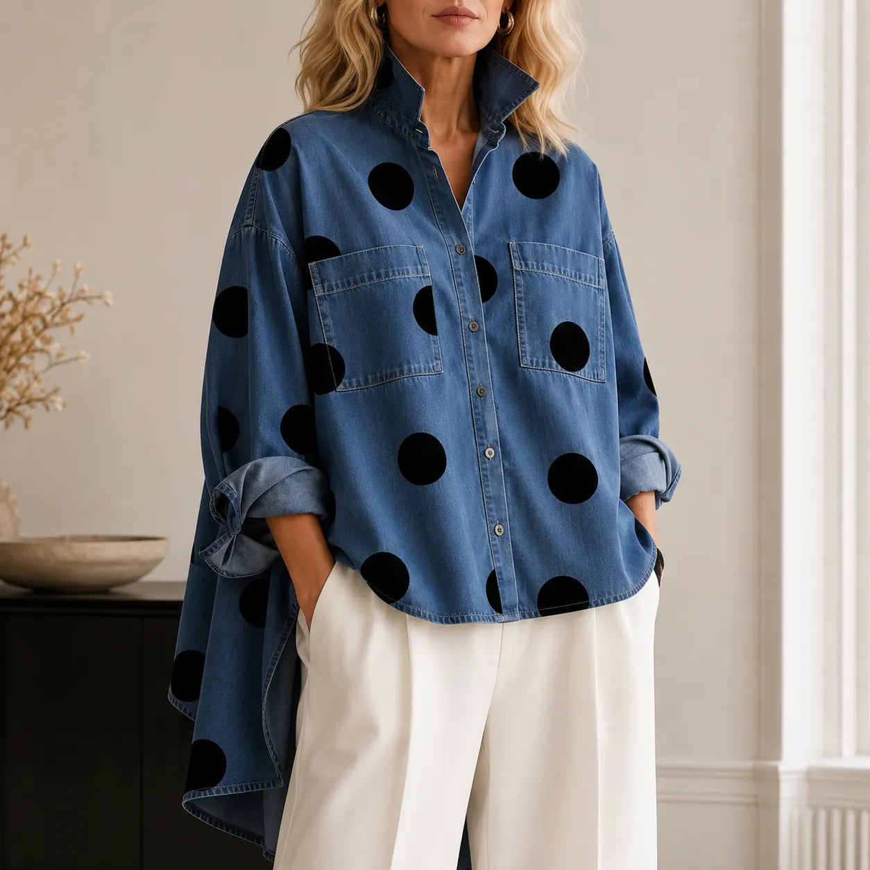 Oversized Polka Dot Denim Shirt with Stand Collar