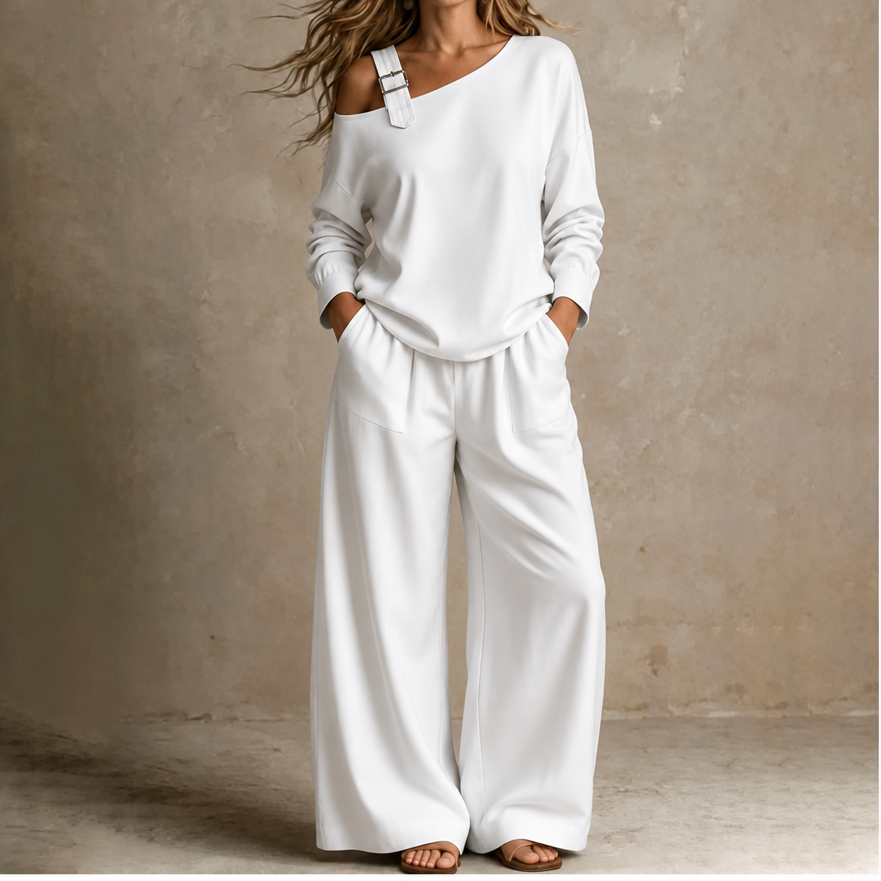 Onedrape-One-Shoulder Top And Wide-Leg Pants Set