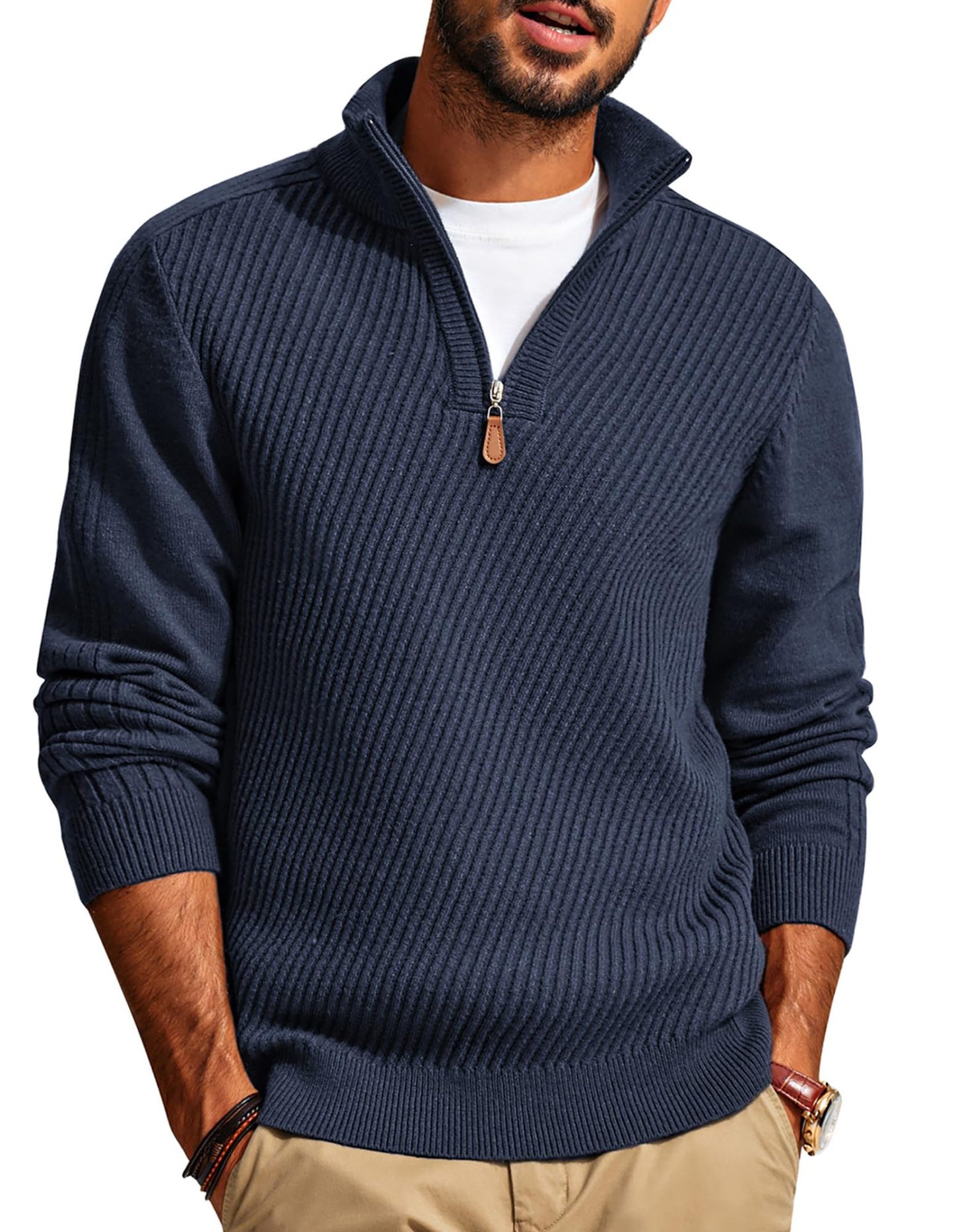 CLEARANCE SALE🔥  Men's Zipper Casual Slim Knit Texture Pullover Sweater