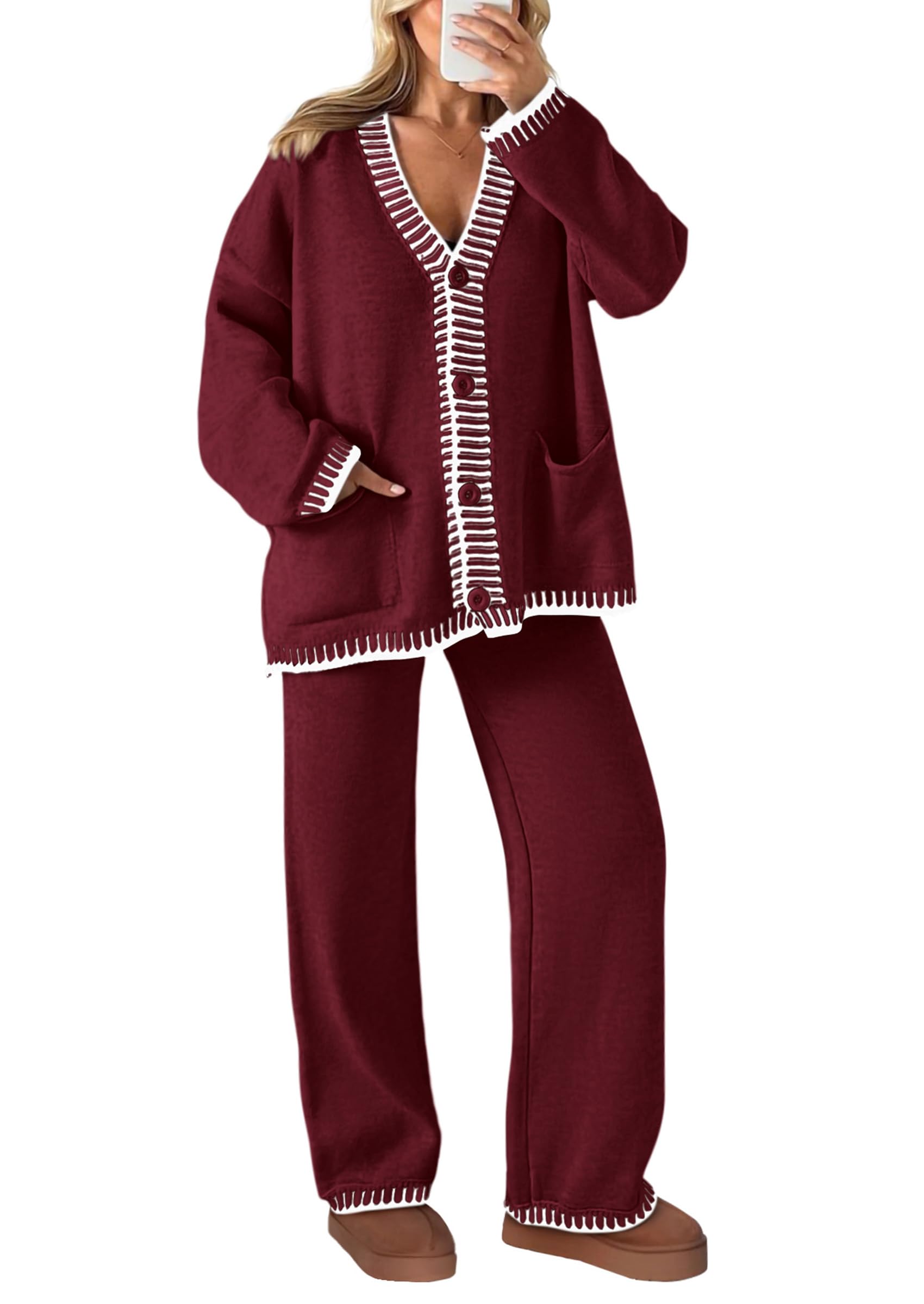 NEW🔥 2024 Women's Cotton Two-Piece Knit Leisure Suit Long Sleeved V Neck Cardigan Sweater Wide Legged Pants Sportswear