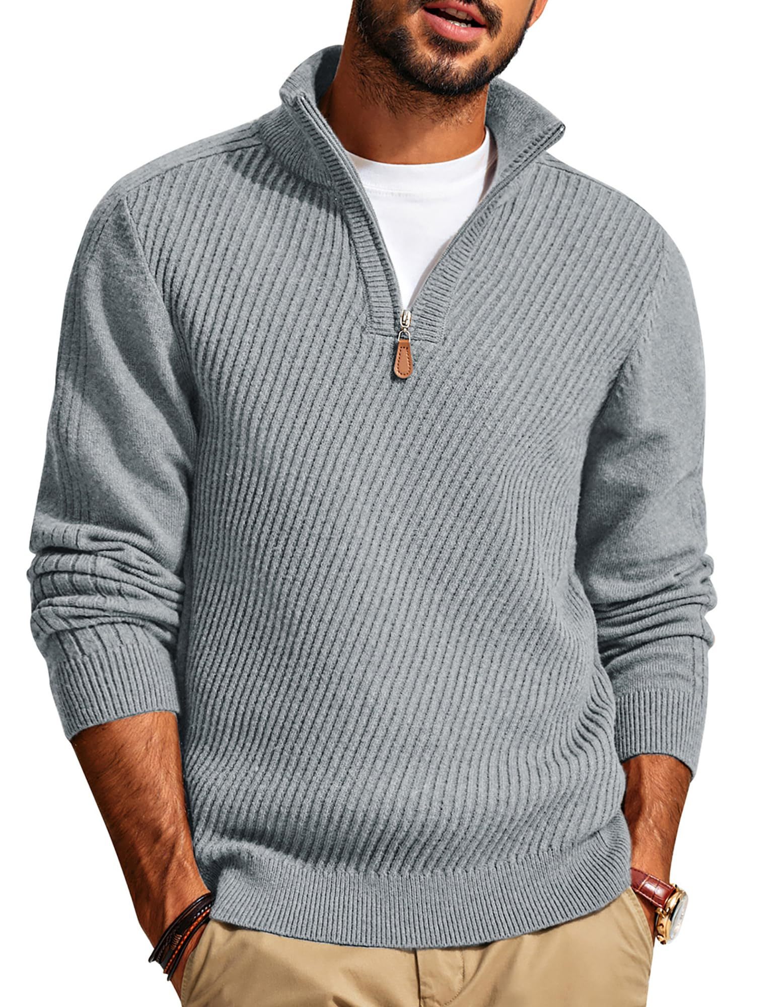 CLEARANCE SALE🔥  Men's Zipper Casual Slim Knit Texture Pullover Sweater
