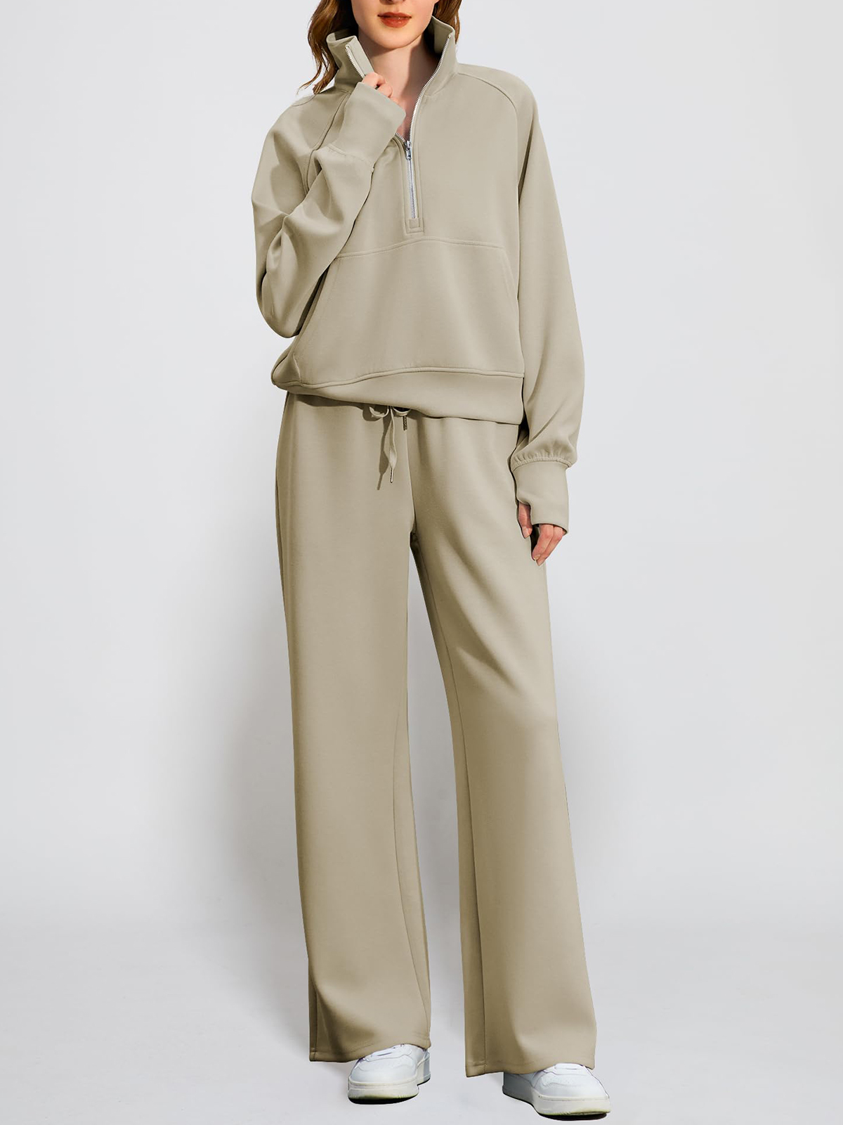 🔥Women's pure cotton loose-fitting half-zip two-piece sportswear set（Free delivery）