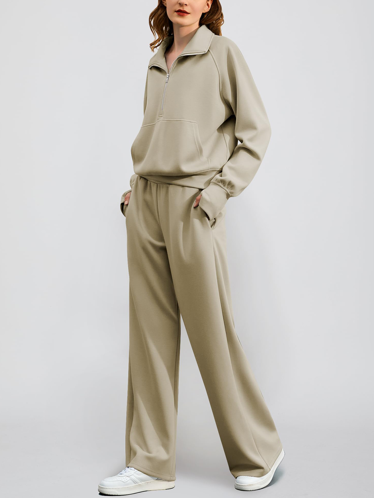 🔥Women's pure cotton loose-fitting half-zip two-piece sportswear set（Free delivery）