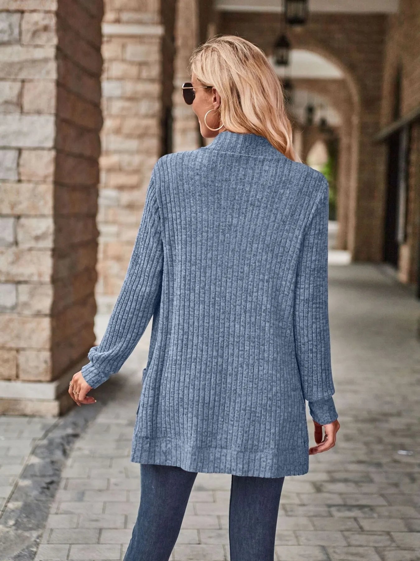 CLEARANCE🔥Ribbed Open Front Long Cardigan with Pockets