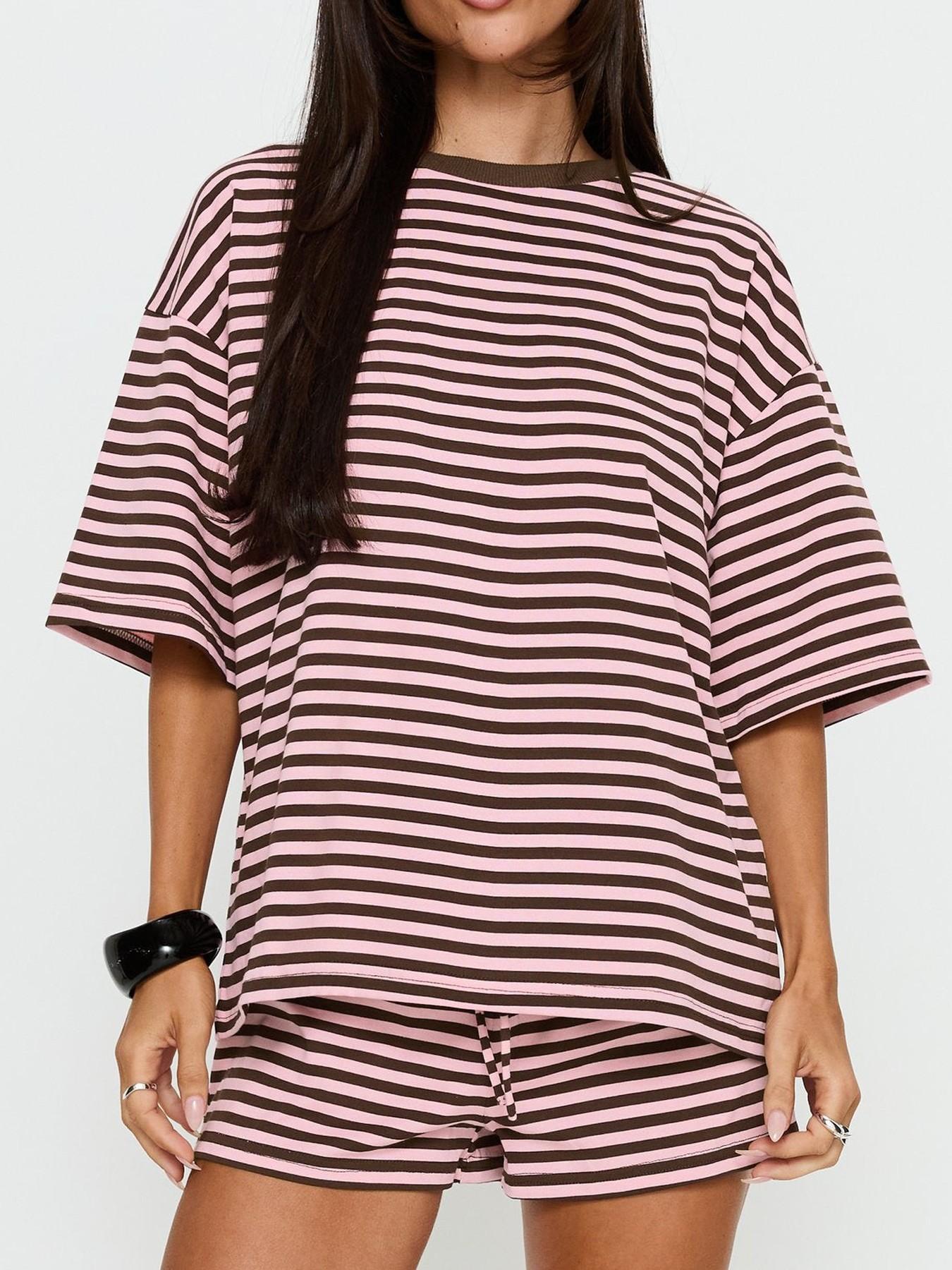 2 Spring Summer Stripe Print 2 Piece Outfit Women Clothes | Oversized T-Shirt + Drawstring Shorts | Soft Casual Lounge Set | Y2K Clean Girl Style for Daily Home Vacation Wear 2 Spring Summer Stripe Print 2 Piece Outfit Women Clothes | Oversized T-Shirt + Drawstring Shorts | Soft Casual Lounge Set | Y2K Clean Girl Style for Daily Home Vacation Wear