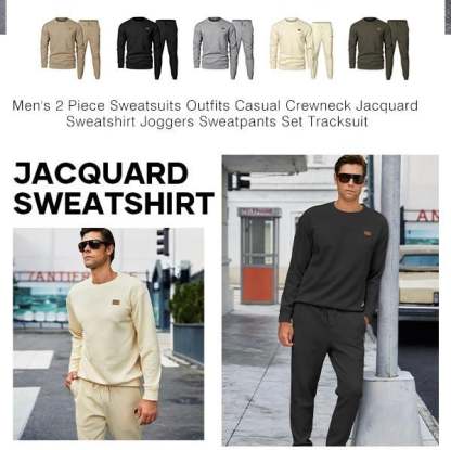 🎁LAST DAY 49% OFF🎁Men's  2 Piece Sweatsuits Outfits Casual Crewneck Jacquard Sweatshirt Joggers Sweatpants Set