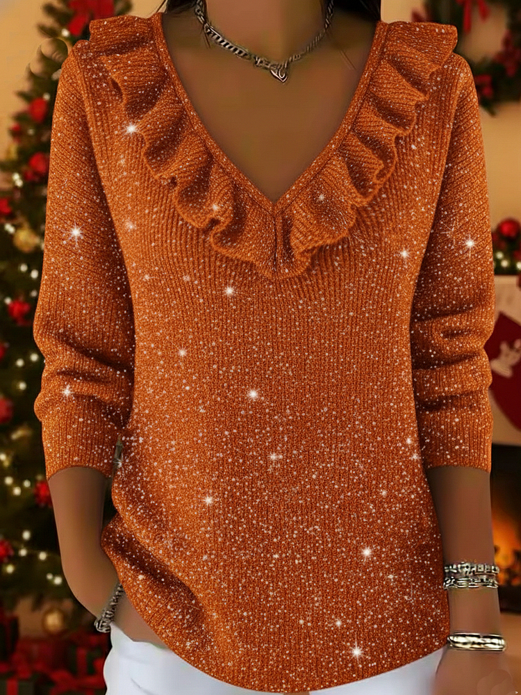 ⏰ LAST DAY 💥Women's Christmas Elegant V-neck Ruffled Sparkling Sweater Top