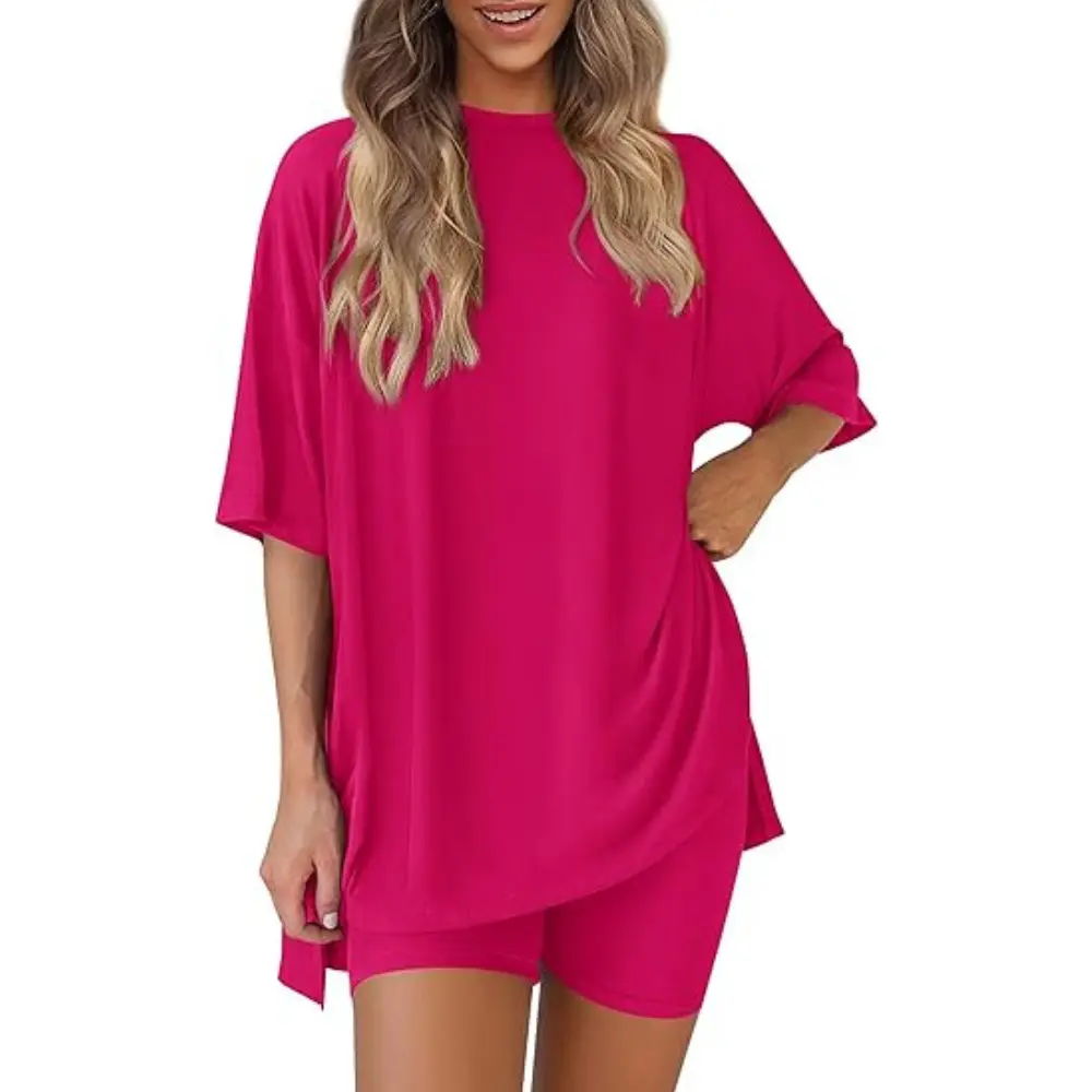 PRETTYGARDEN Women 2 Piece Lounge Set Summer Casual Oversized Shirts Biker Shorts Matching Airport Travel Outfit Clothes