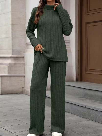 Ribbed Turtleneck Dropped Shoulder Top and Pants Sweater Set