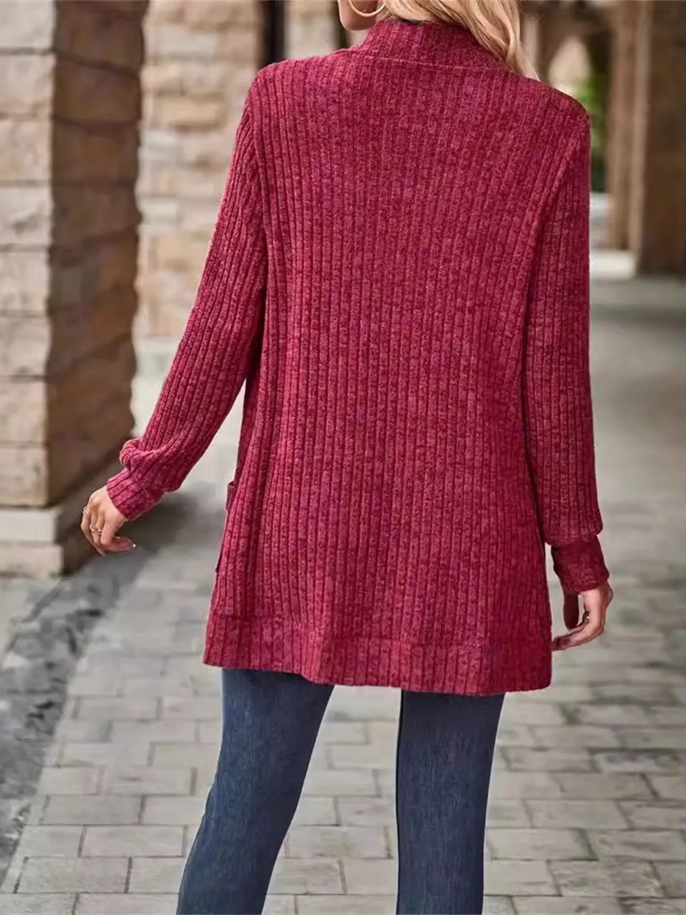CLEARANCE🔥Ribbed Open Front Long Cardigan with Pockets