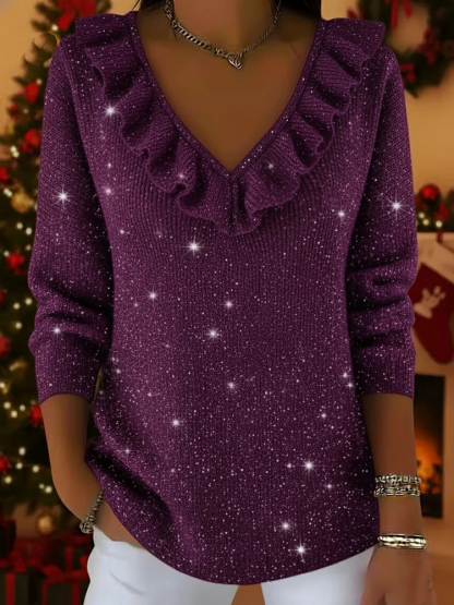 ⏰ LAST DAY 💥Women's Christmas Elegant V-neck Ruffled Sparkling Sweater Top
