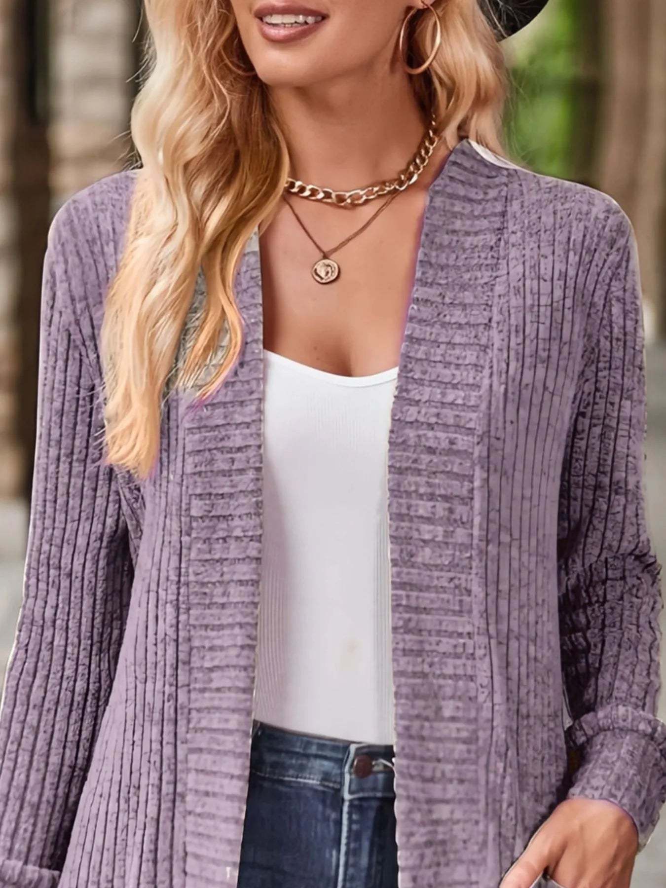 CLEARANCE🔥Ribbed Open Front Long Cardigan with Pockets