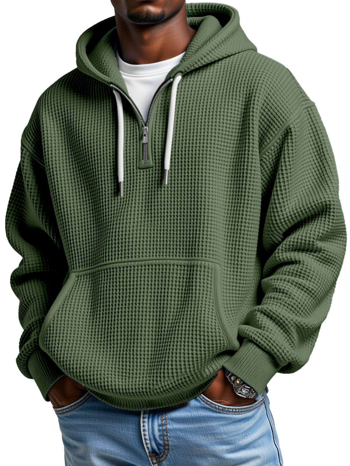 🔥Men's Casual Solid Color Waffle Zipper Long Sleeve Hooded Sweatshirt
