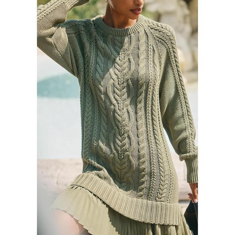 Women Cable Knit Sweater Dress Crewneck Long Sleeve Pleated Mini Dress Twofer Style Patchwork Dress