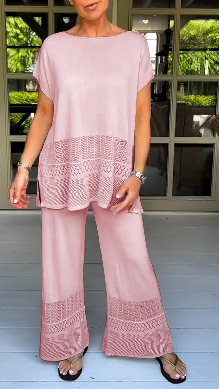 Women's round neck short sleeve hollow design two-piece suit