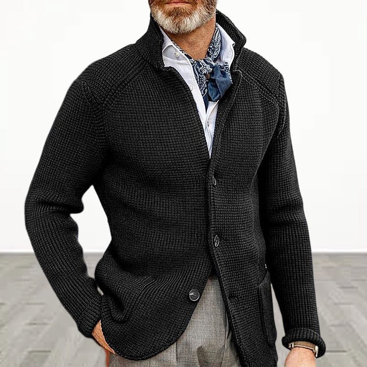 Stand Collar Knitted Coat Long Sleeve  Solid Color Thick Warm Casual Men's Outerwear