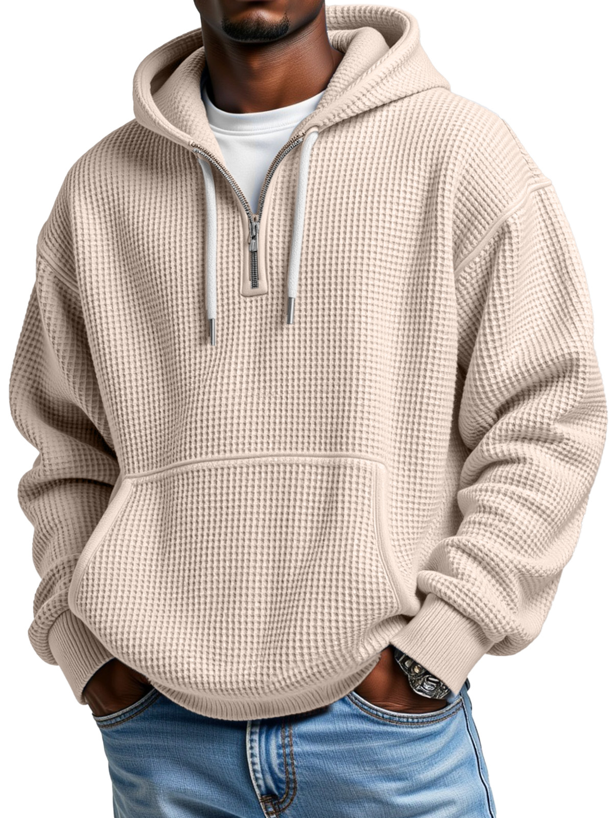 🔥Men's Casual Solid Color Waffle Zipper Long Sleeve Hooded Sweatshirt