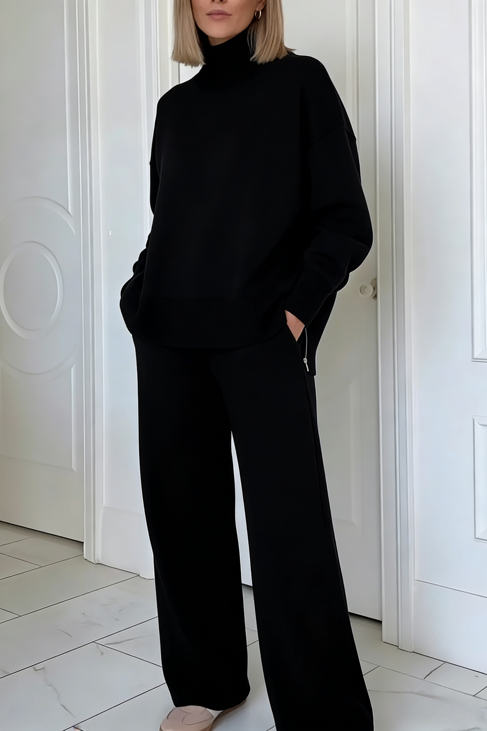 ⏰ LAST DAY 💥Casual Travel Stand Collar Side Zipper Top Straight Pants Two-Piece Set