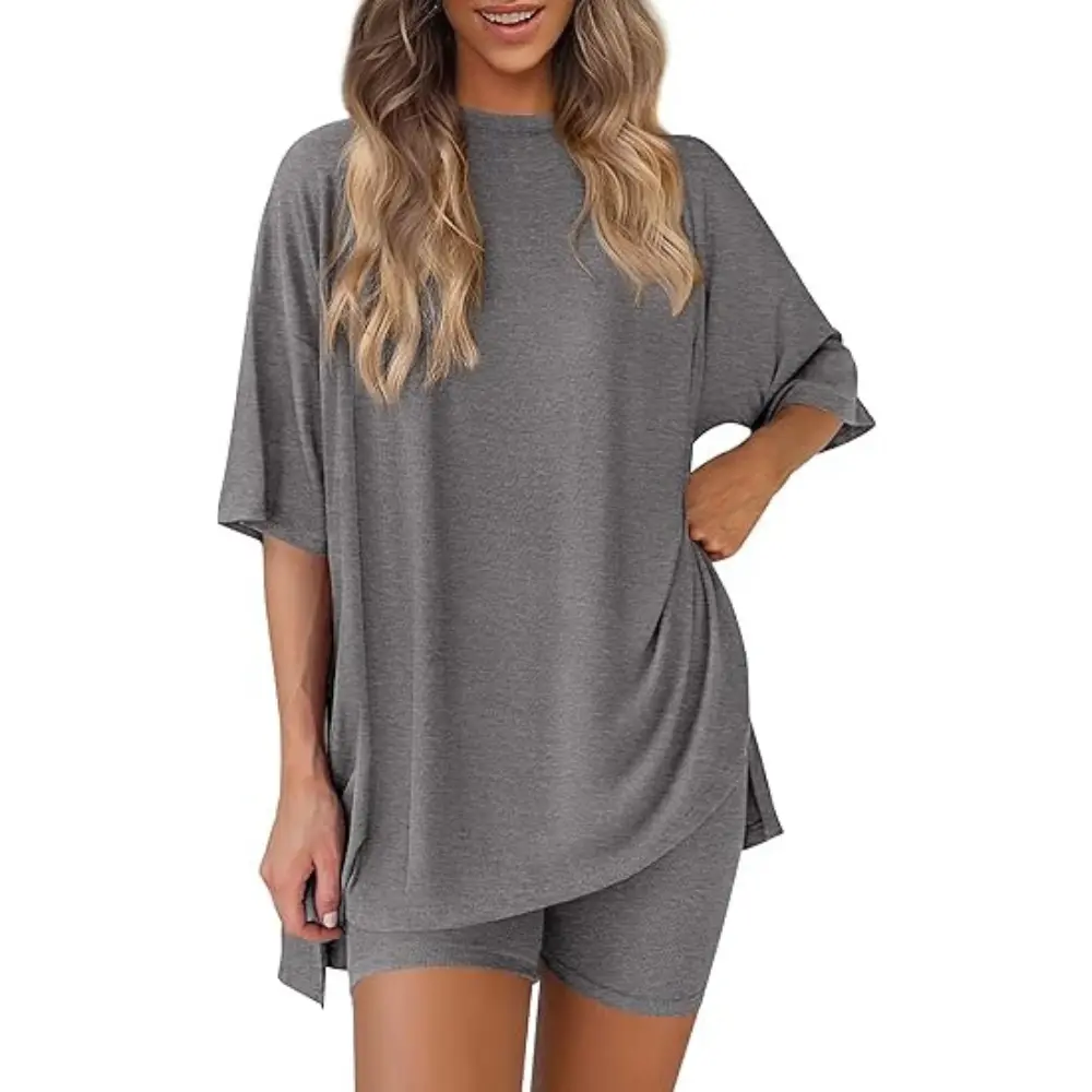 PRETTYGARDEN Women 2 Piece Lounge Set Summer Casual Oversized Shirts Biker Shorts Matching Airport Travel Outfit Clothes
