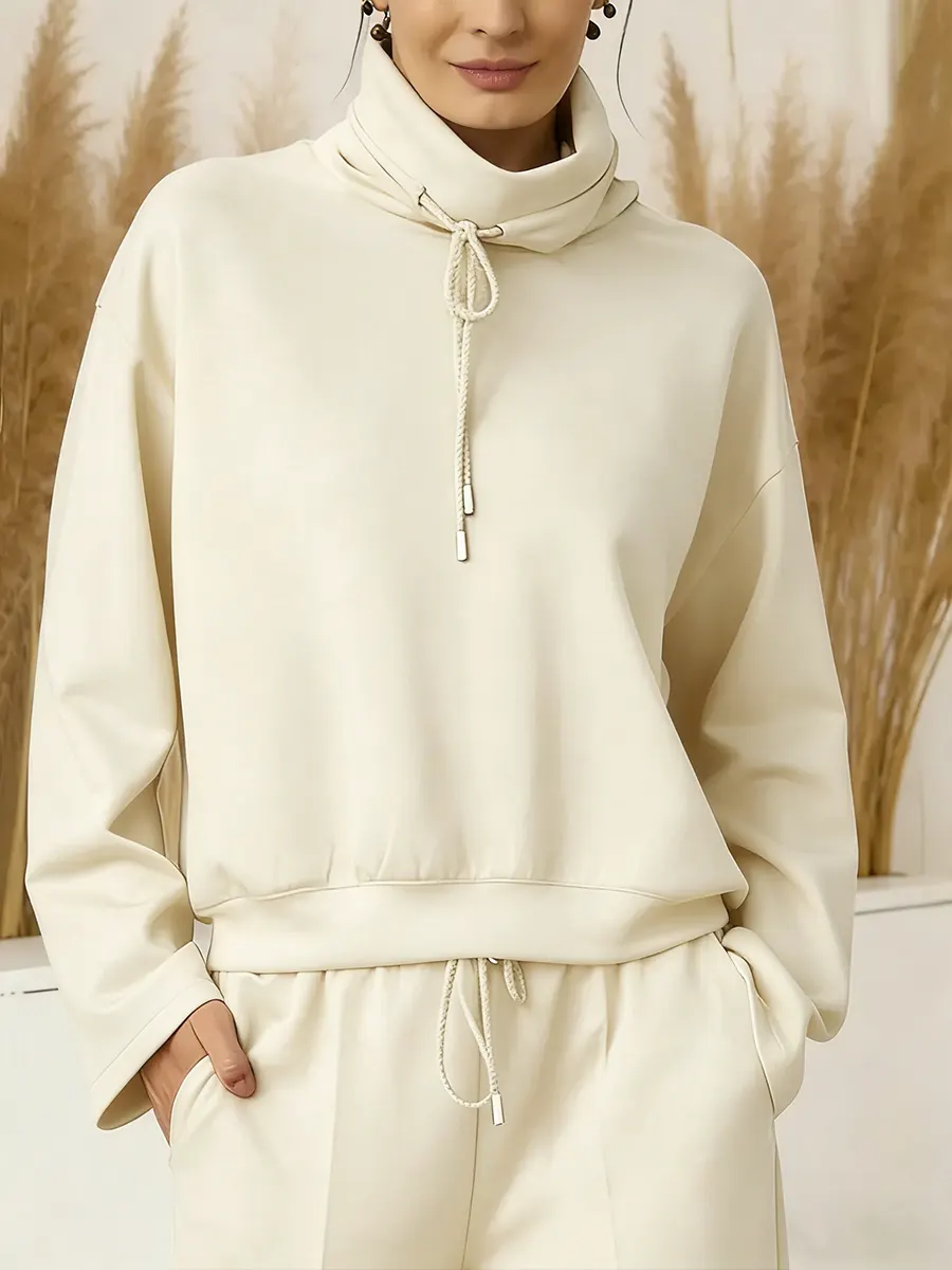2026 Women's Solid Color High-neck Drawstring Long-sleeve Casual Loose-fitting Sweatshirt 2-piece Set