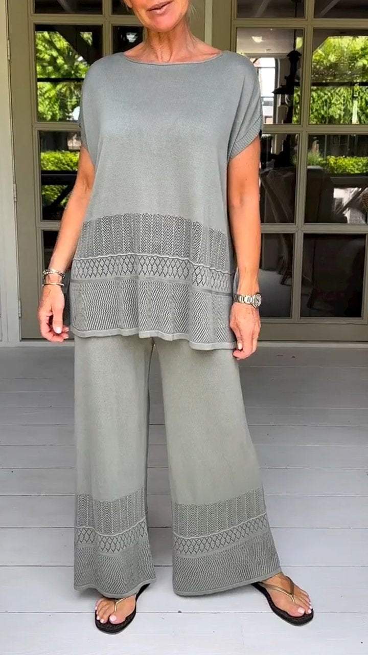 Women's round neck short sleeve hollow design two-piece suit