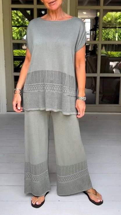 Women's round neck short sleeve hollow design two-piece suit