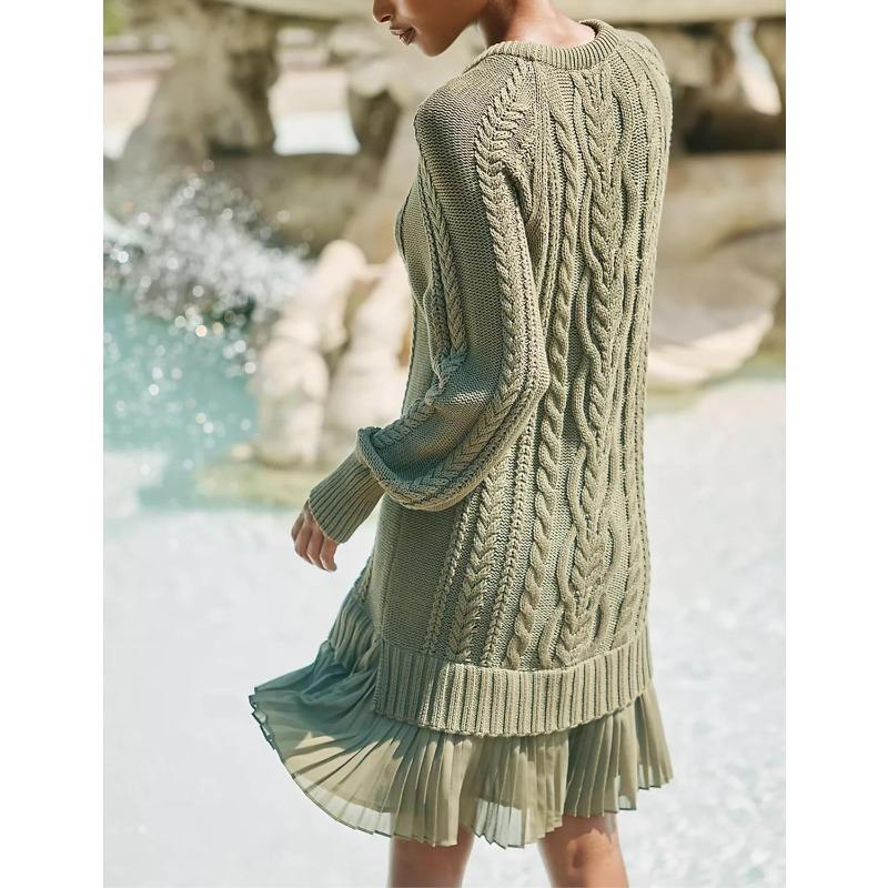 Women Cable Knit Sweater Dress Crewneck Long Sleeve Pleated Mini Dress Twofer Style Patchwork Dress