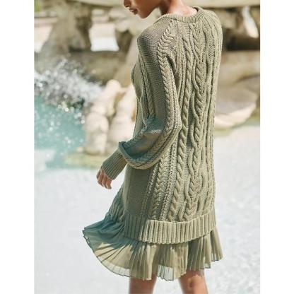 Women Cable Knit Sweater Dress Crewneck Long Sleeve Pleated Mini Dress Twofer Style Patchwork Dress