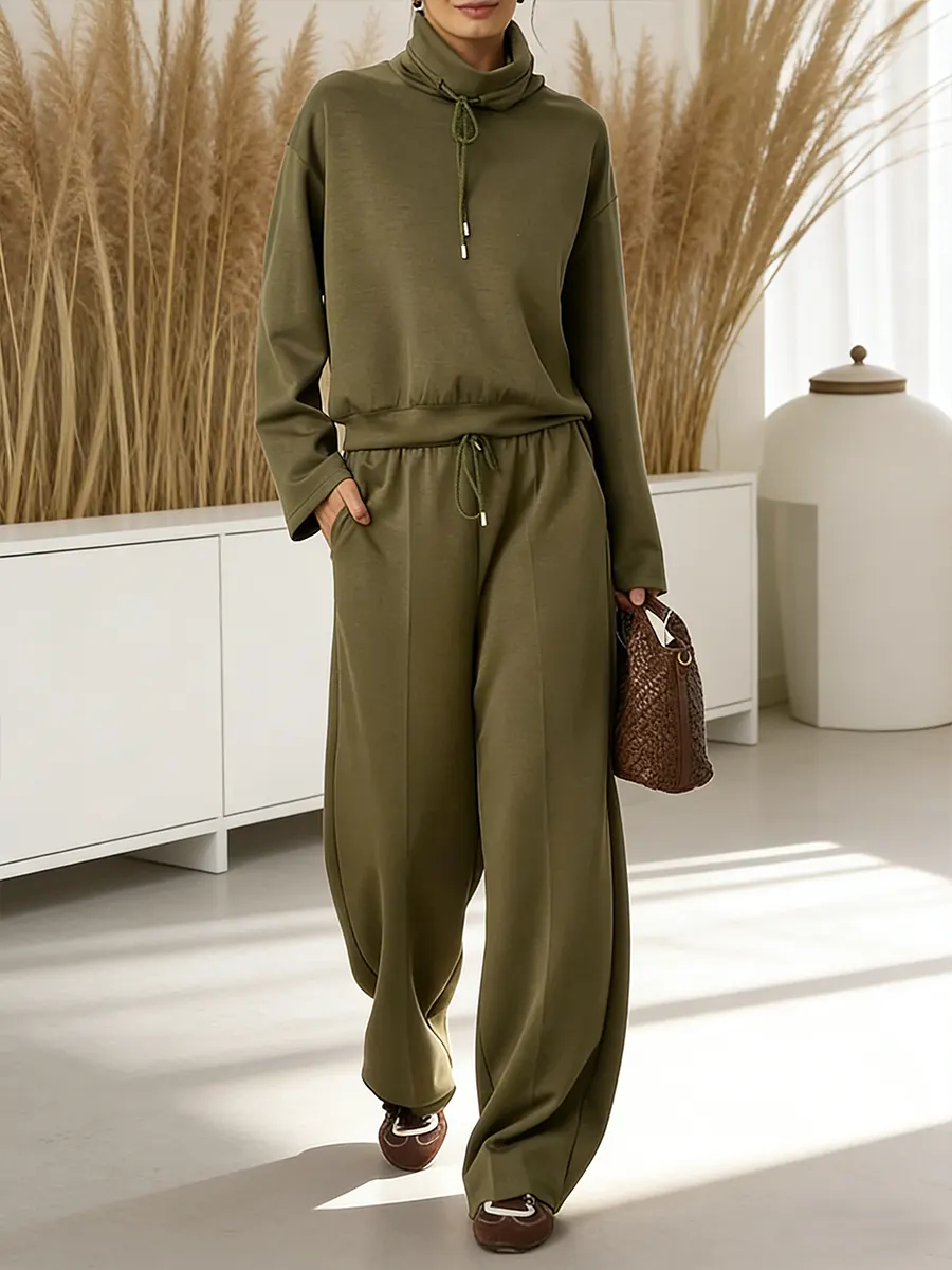2026 Women's Solid Color High-neck Drawstring Long-sleeve Casual Loose-fitting Sweatshirt 2-piece Set