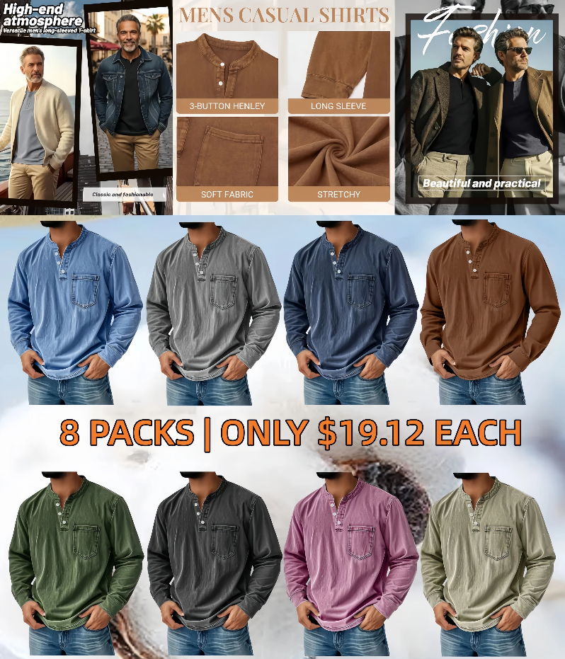 Men's Retro Stand Collar Pocket Casual Distressed Long Sleeve Henley Shirt