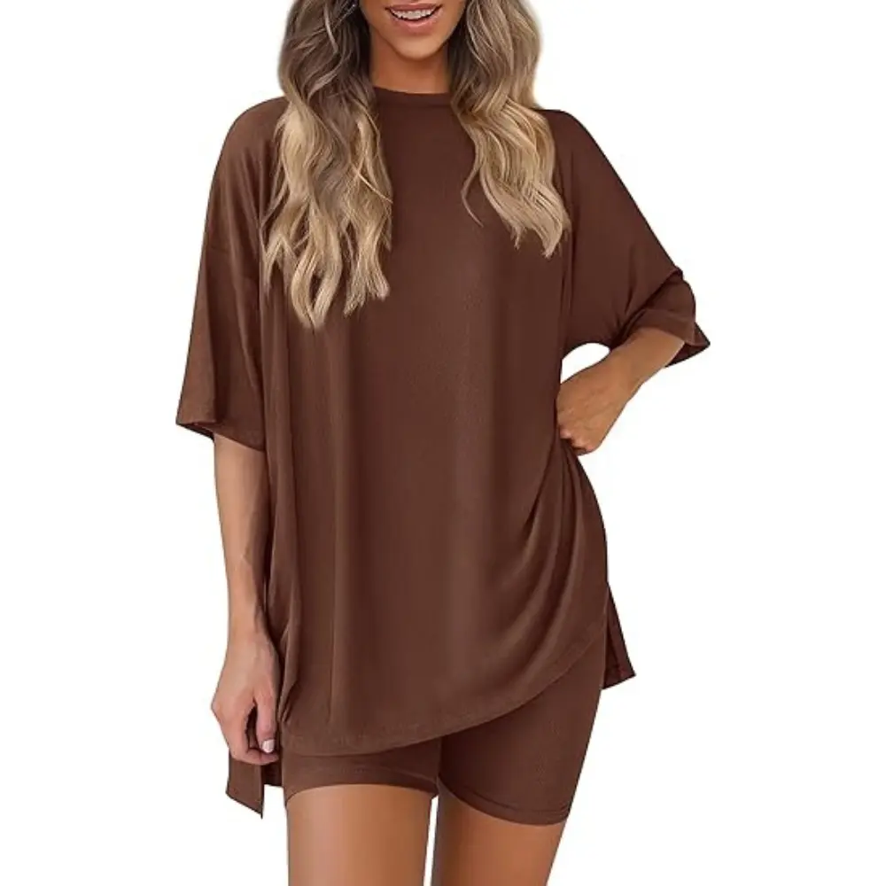PRETTYGARDEN Women 2 Piece Lounge Set Summer Casual Oversized Shirts Biker Shorts Matching Airport Travel Outfit Clothes