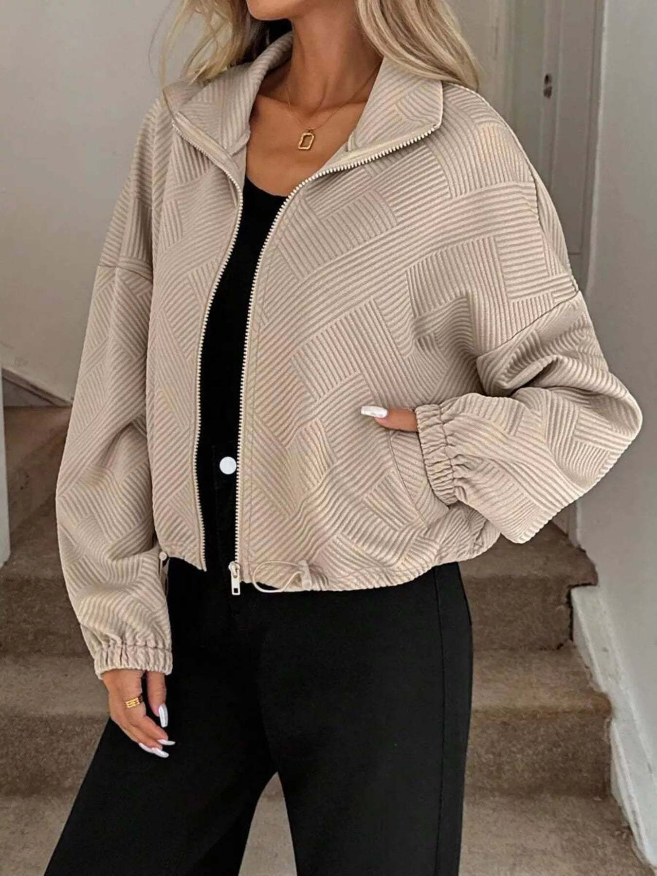 ⏰ LAST DAY 💥Drawstring Hem Textured Long Sleeve Jacket