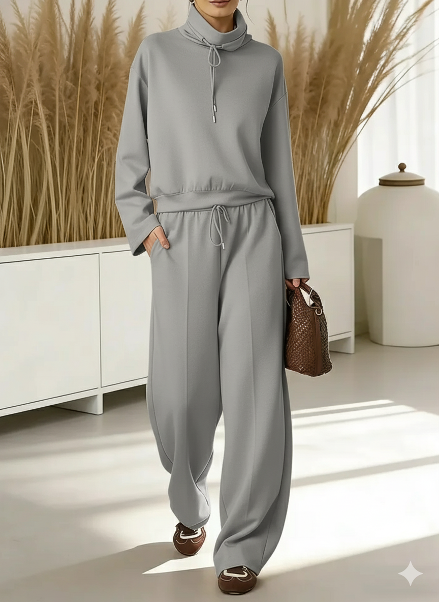 2026 Women's Solid Color High-neck Drawstring Long-sleeve Casual Loose-fitting Sweatshirt 2-piece Set