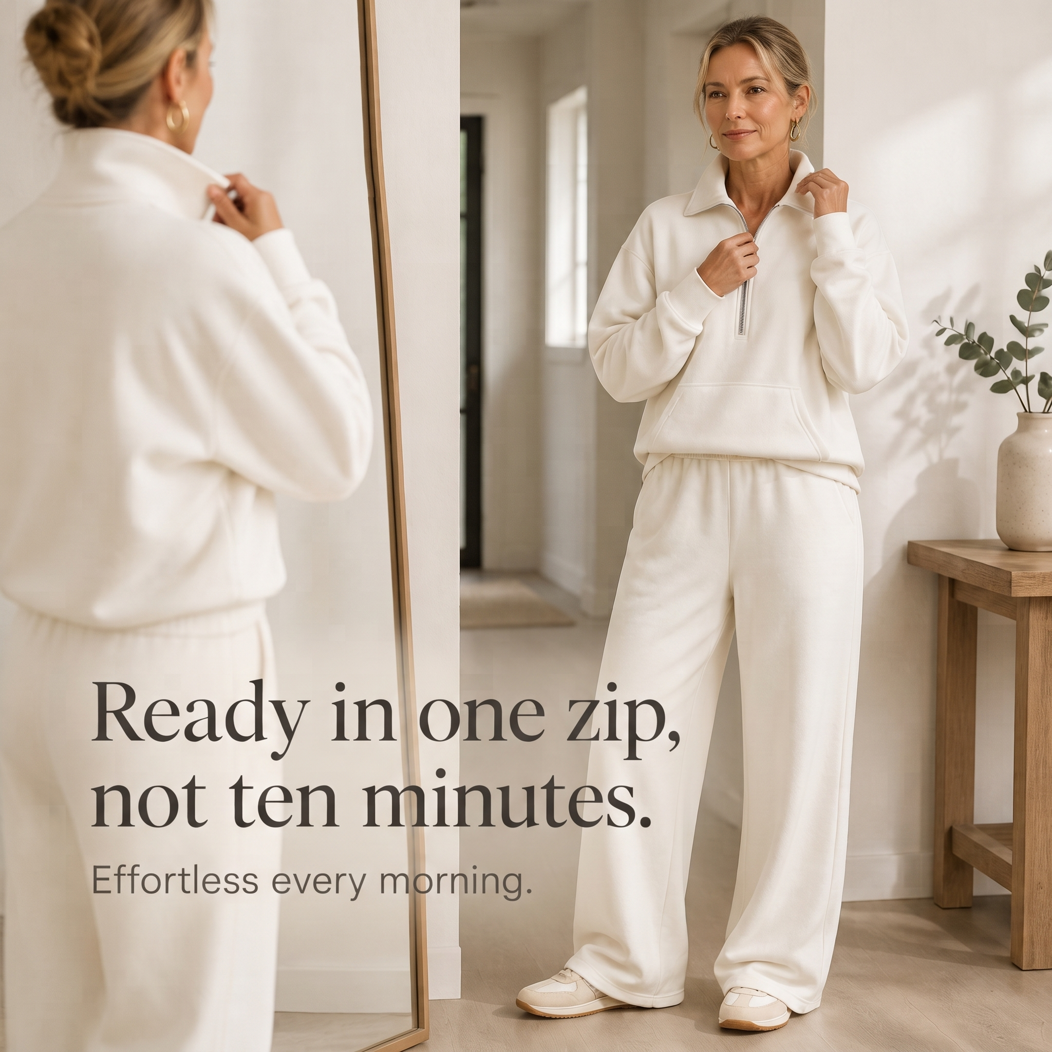Warm and Flattering Half-Zip Collar Lounge Set with Wide-Leg Pants