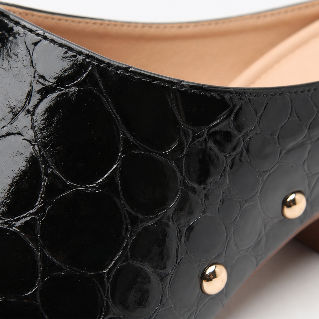 Gold Dome Trim Croc-Embossed Clog Mules