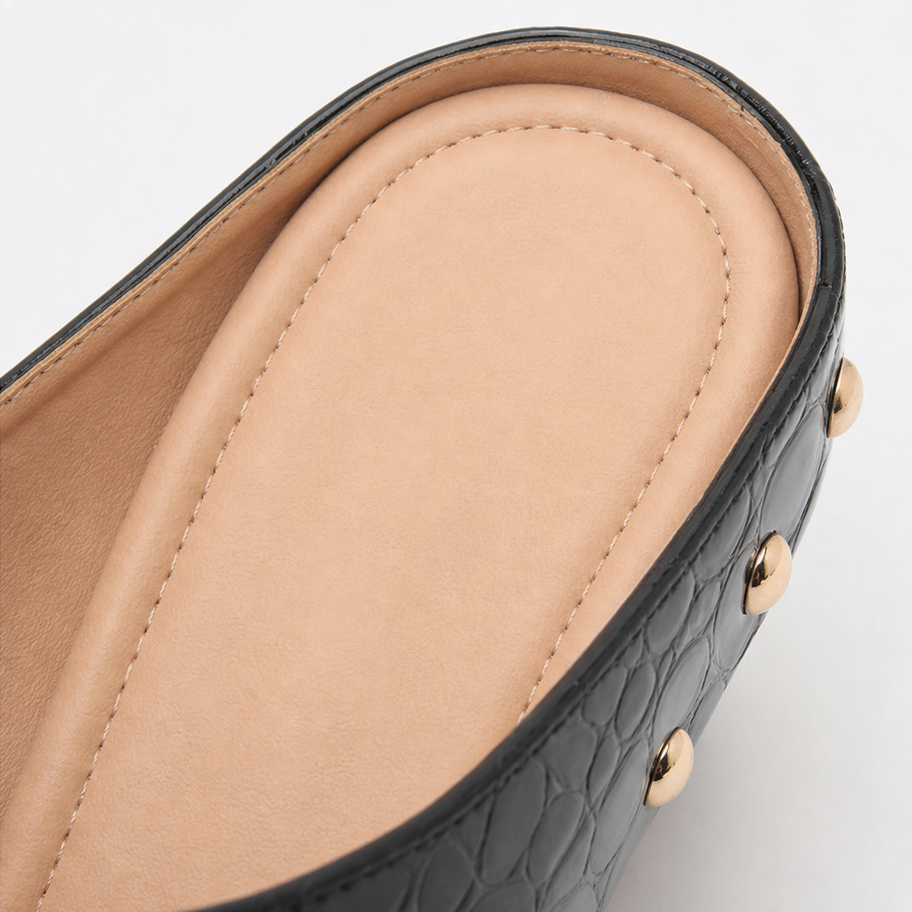 Gold Dome Trim Croc-Embossed Clog Mules