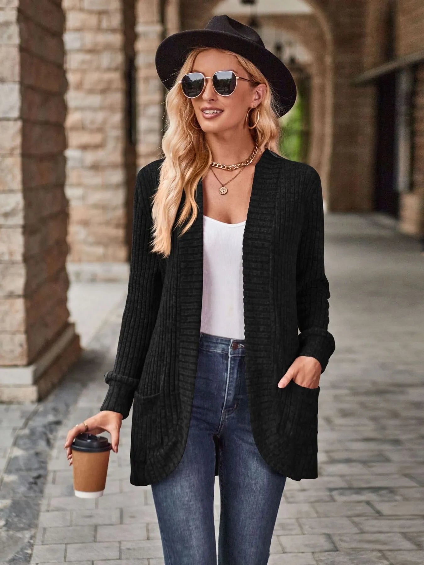 CLEARANCE🔥Ribbed Open Front Long Cardigan with Pockets