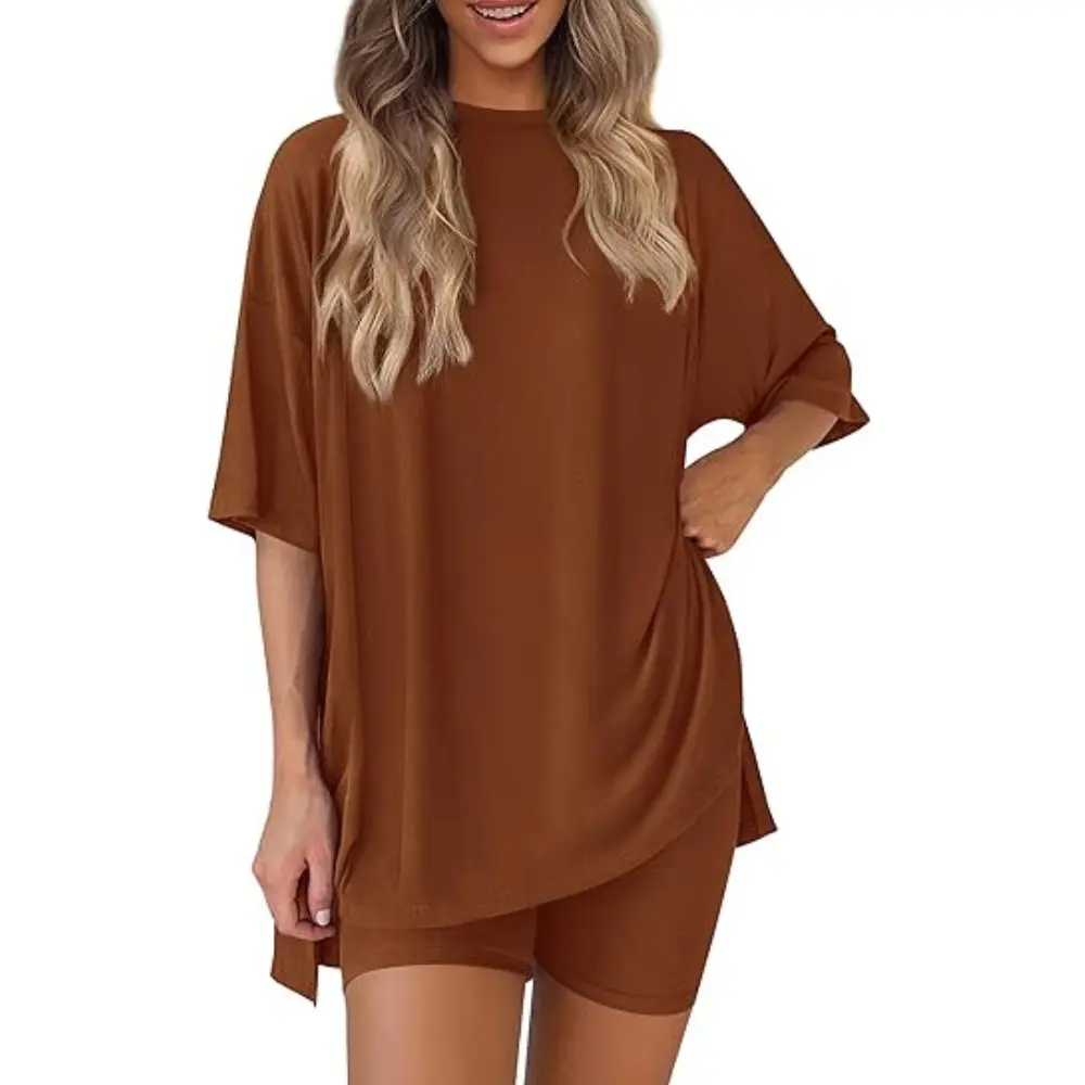 PRETTYGARDEN Women 2 Piece Lounge Set Summer Casual Oversized Shirts Biker Shorts Matching Airport Travel Outfit Clothes