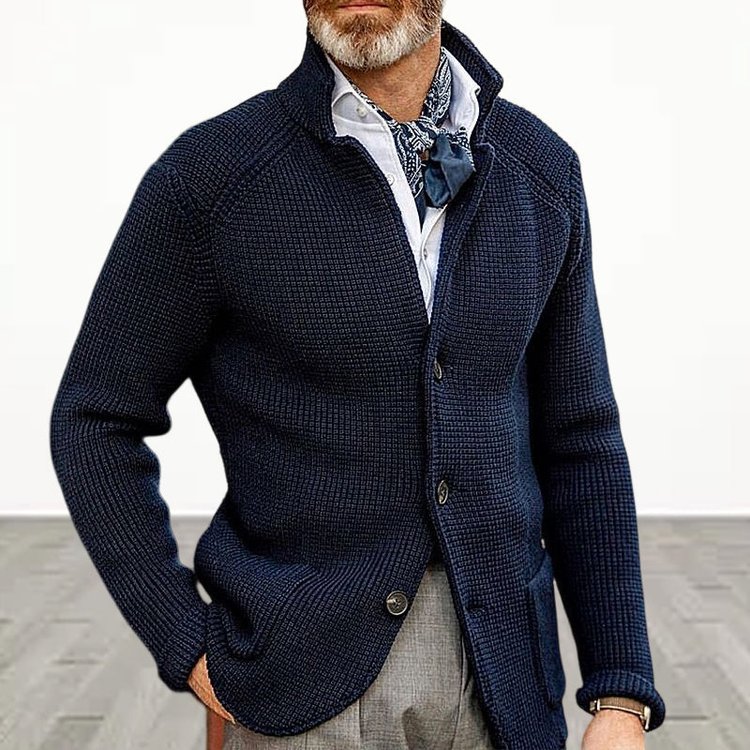 Stand Collar Knitted Coat Long Sleeve  Solid Color Thick Warm Casual Men's Outerwear