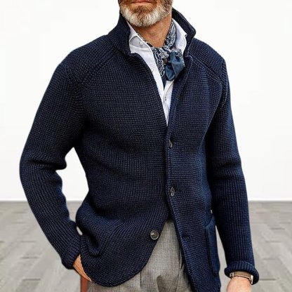 Stand Collar Knitted Coat Long Sleeve  Solid Color Thick Warm Casual Men's Outerwear