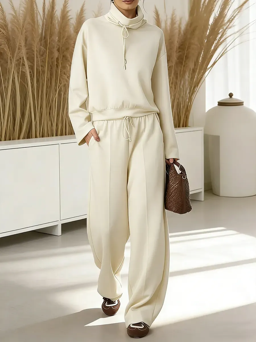2026 Women's Solid Color High-neck Drawstring Long-sleeve Casual Loose-fitting Sweatshirt 2-piece Set