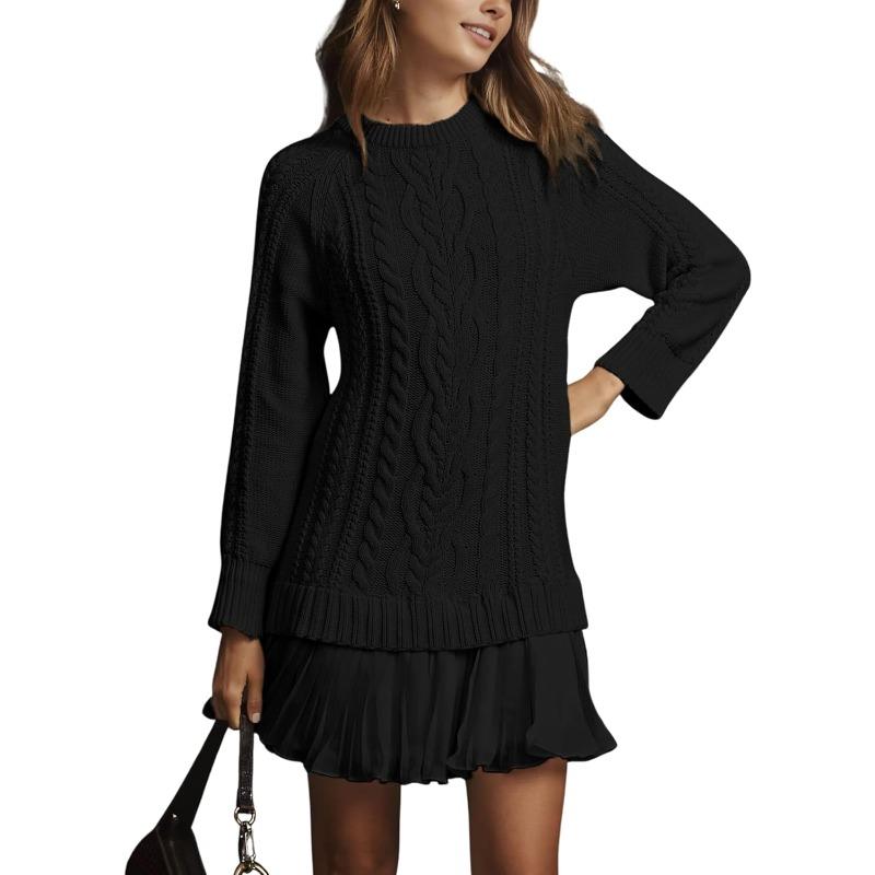 Women Cable Knit Sweater Dress Crewneck Long Sleeve Pleated Mini Dress Twofer Style Patchwork Dress