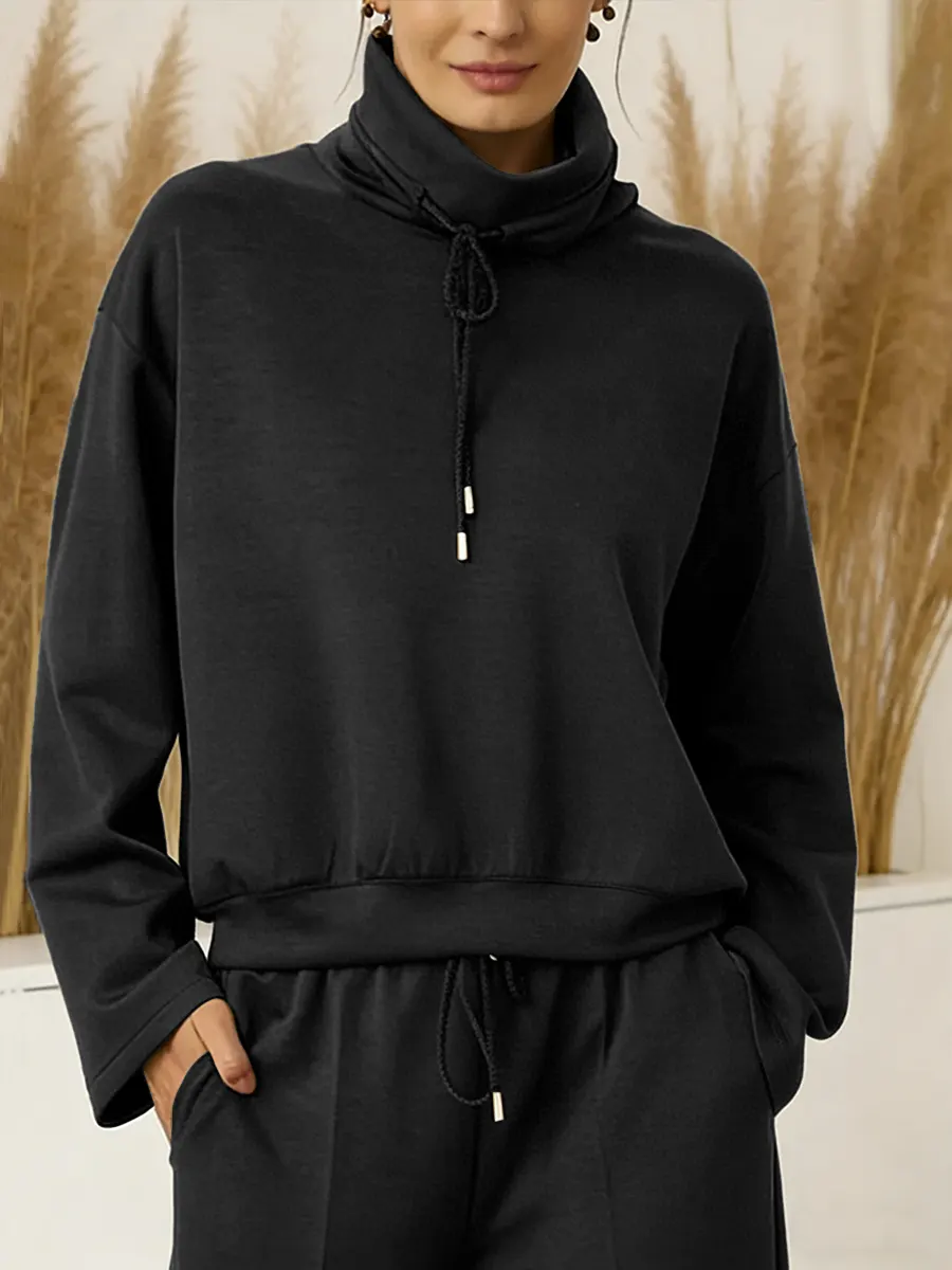 2026 Women's Solid Color High-neck Drawstring Long-sleeve Casual Loose-fitting Sweatshirt 2-piece Set