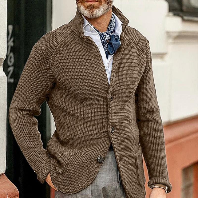 Stand Collar Knitted Coat Long Sleeve  Solid Color Thick Warm Casual Men's Outerwear