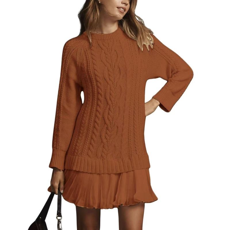 Women Cable Knit Sweater Dress Crewneck Long Sleeve Pleated Mini Dress Twofer Style Patchwork Dress