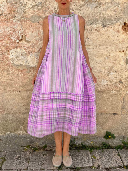 Ladies cotton and linen fresh sleeveless printed dress