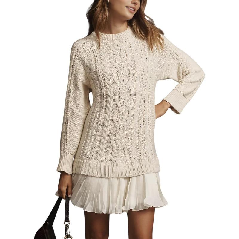 Women Cable Knit Sweater Dress Crewneck Long Sleeve Pleated Mini Dress Twofer Style Patchwork Dress