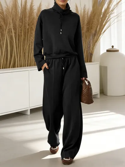 2026 Women's Solid Color High-neck Drawstring Long-sleeve Casual Loose-fitting Sweatshirt 2-piece Set